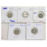 Lot of 5 Liberty seated half dimes, 1843,