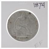 1874 Seated Liberty half EF