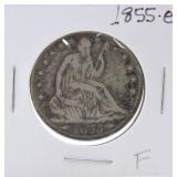 1855-O Seated Liberty half F