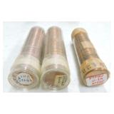3 BU Lincoln cent rolls, 1942-D, one roll with