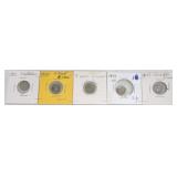 Lot of 5 - 3 cent silver, 1851, 3 - 1852, 1857
