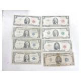 3 - $1 silver certificates, 2 red seal $2 FRN,