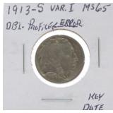 1913-S Ty1 Buffalo nickel MS65, doubling error,