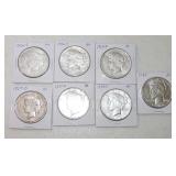Lot of 7 Peace silver dollars AU