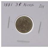 1881 three cent nickel AU