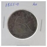1855-O Seated Liberty half AU