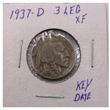 1937-D Buffalo nickel, 3 legged, XF
