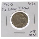 1916-S Buffalo nickel MS64, double Liberty error