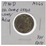 1934-D Buffalo nickel MS65, double date, Liberty