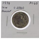 1934 Buffalo nickel MS65 thin planchet error