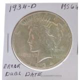 1934-D Peace dollar MS64, double date error