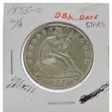 1855-O Seated Liberty half, double date & stars