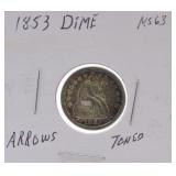 1853 Seated Liberty dime MS63, toned