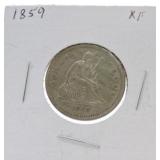 1859 Seated Liberty quarter XF