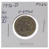 1936-D Buffalo nickel MS66, Rev double D error