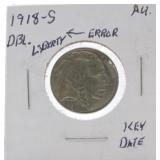 1918-S Buffalo nickel AU, double Liberty error