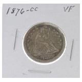 1876-CC Seated Liberty quarter VF