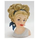 Relpo lady head vase, K1833, 7 1/2", blue dress
