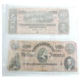 1964 $10 and 1864 $100 Condederate notes