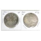 1921-S Morgan and 1924 Peace silver dollars