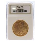 1920 $20 St. Gaudens gold NGC MS61