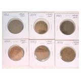 Lot of 6 large cents: 1832, 1845, 1851,