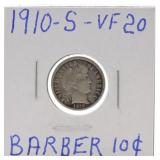 1910-S Barber dime VF20