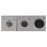 Lot of 3 type coins, holed, 1852 3 cent silver,