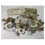 Lot of foreign coins & currency, some silver