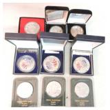 Lot of 3 silver Eagles, 3 enameled silver Eagles,