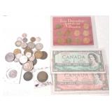 Lot of foreign coins and currency, some silver