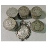Lot of 50 Franklin halves, 1 mounted in necklace