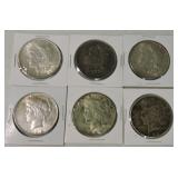 Lot of 3 Morgan and 3 Peace dollars