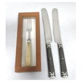 Early bone handled fork and 2 wood handled knives Early bone handled fork and 2 wood handled knives