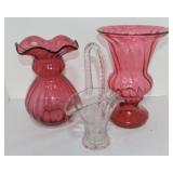 Lot of 2 cranberry vases and clear glass basket Lot of 2 cranberry vases and clear glass basket
