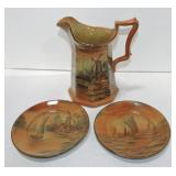 Buffalo Deldare pitcher (hairline) and 2 - 6" Buffalo Deldare pitcher (hairline) and 2 - 6"