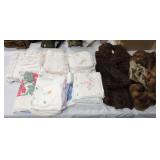 Lot of linens, fur coat, and fur cape Lot of linens, fur coat, and fur cape