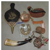 Box lot: powder horns, bellows, beadwork, and more
