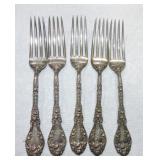 Sterling silver lot of 5 dinner forks with fancy