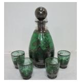 Emerald green wine decanter & 4 glasses,
