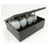 Metal egg case with springs with 8 milk glass eggs