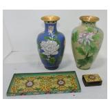 Cloisonne lt of 2 vases, tray, and matchbox
