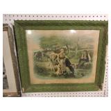 Print of lady and man with cows and stream. losses