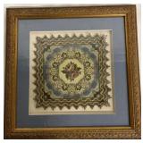 Framed vintage floral tapestry with metallic
