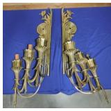 Pair of large brass 3 lite wall sconces, 34"