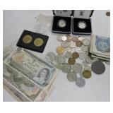 Lot of foreign coins & currency, some silver