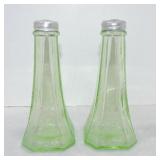 Green depression glass pair of shakers