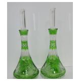 Green cut to clear pair of wine decanters,