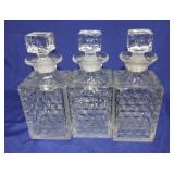 American Fostoria set of 3 liquor decanters, 9'