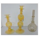 Murano lot of 2 candle sticks and bottle vase,